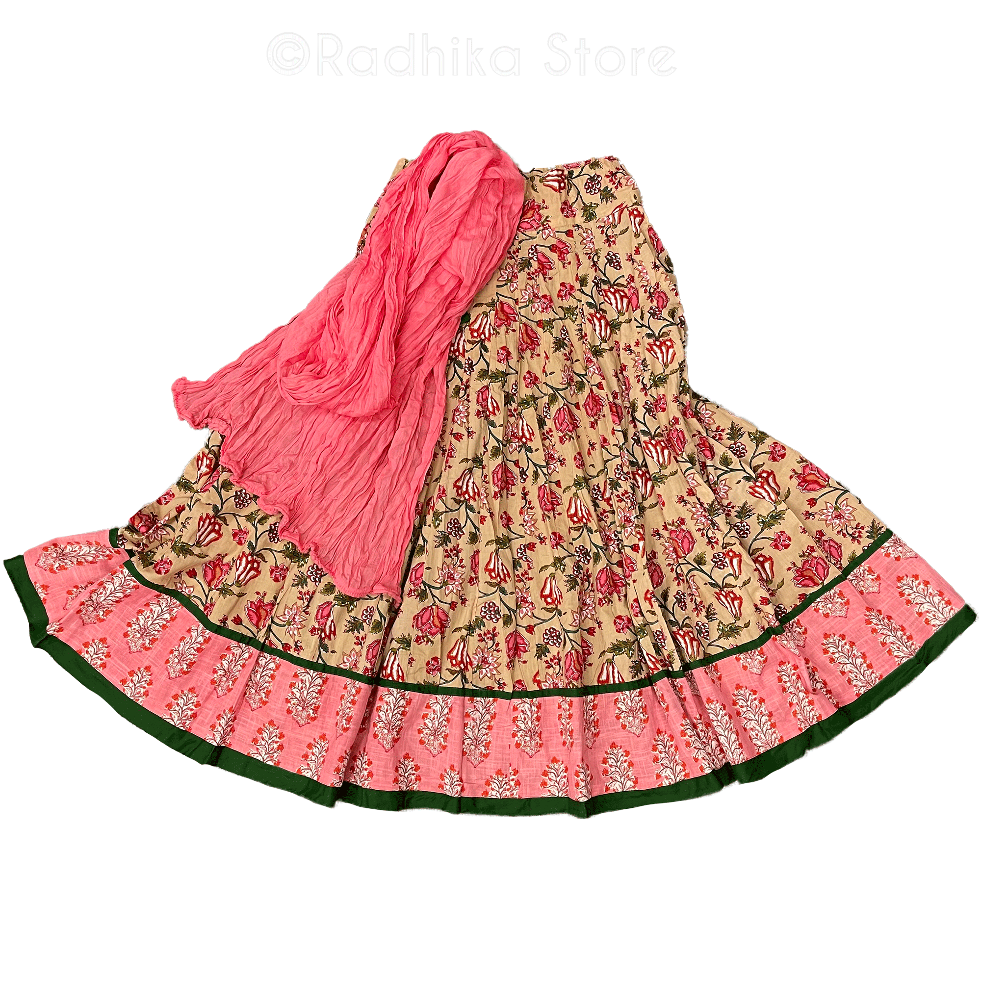 Vrindavan Forest Flowers - Gopi Skirt - Coral, Sand - Cotton Screen Print - With Chadar - S-M-L