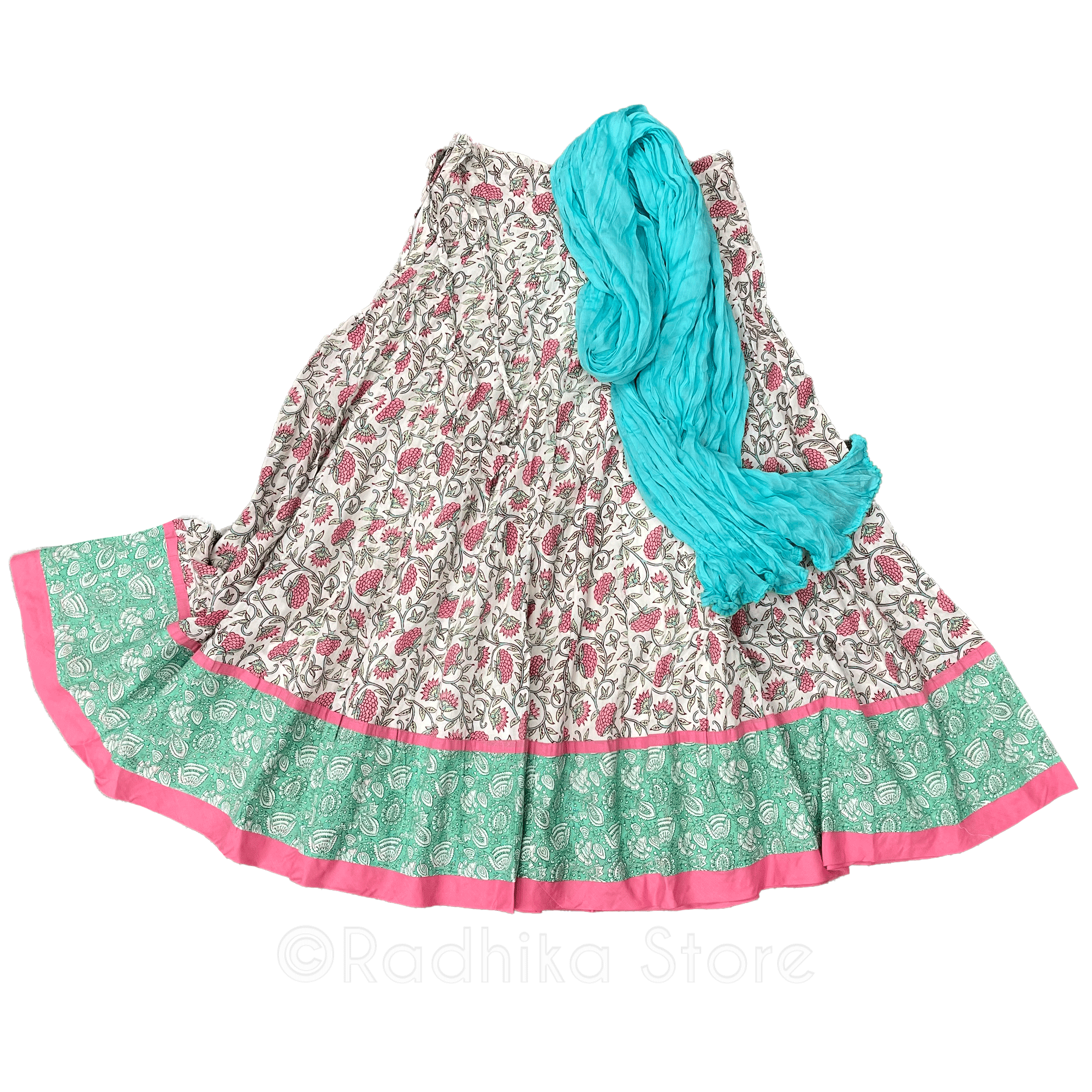Radhikas Garden -  Gopi Skirt -Pastel Pink and Green - Cotton Screen Print - With Chadar - S-M-L