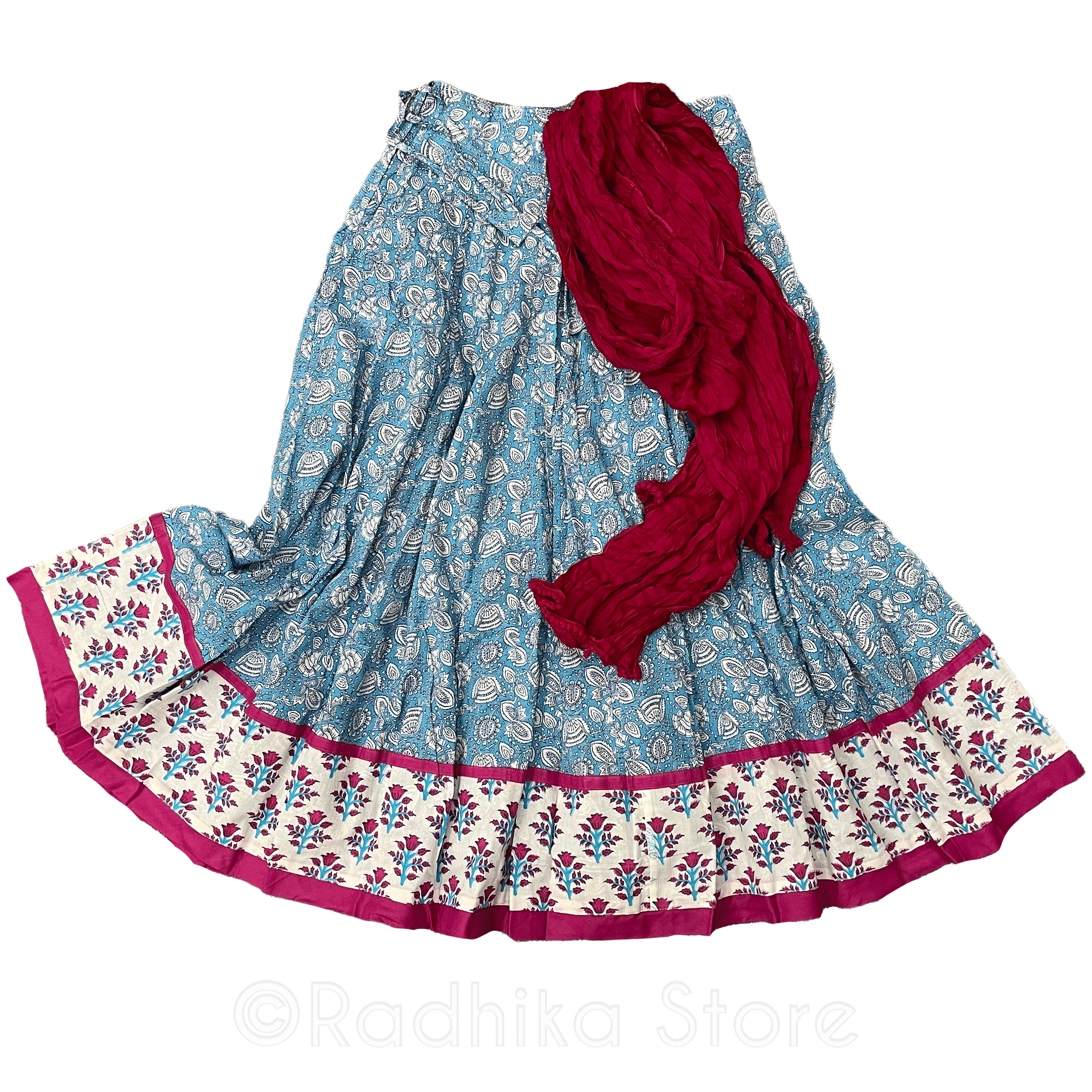Yamuna -  Gopi Skirt -Teal Blue and Cranberry- Cotton Screen Print - With Chadar - S-M-L
