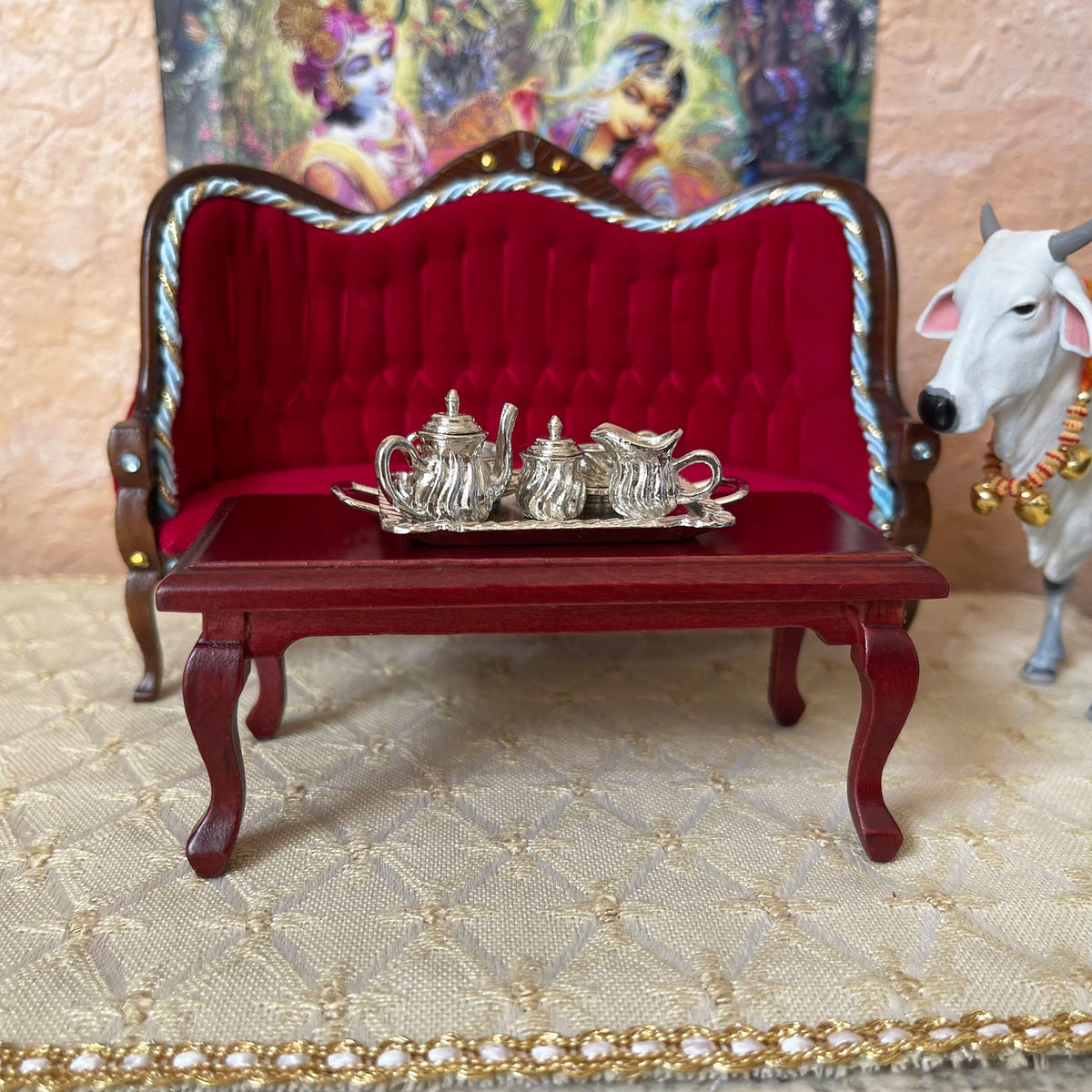 Red Velvet Divine Jeweled Throne - Mahogany Finish