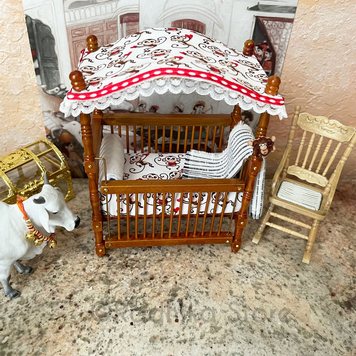 Gopal&#39;s Monkeys - Canopy Crib - Walnut Finish