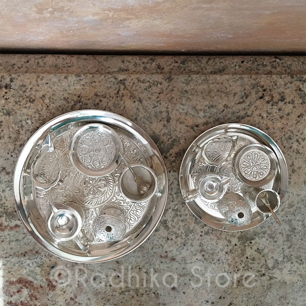 Exquisite Silver Arati Tray Complete Set - 5" Inch Mini Set