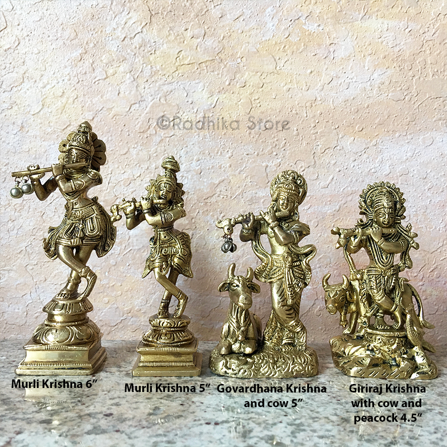 Govardhana Krishna With Cow - Brass Murti - 5&quot; Inch