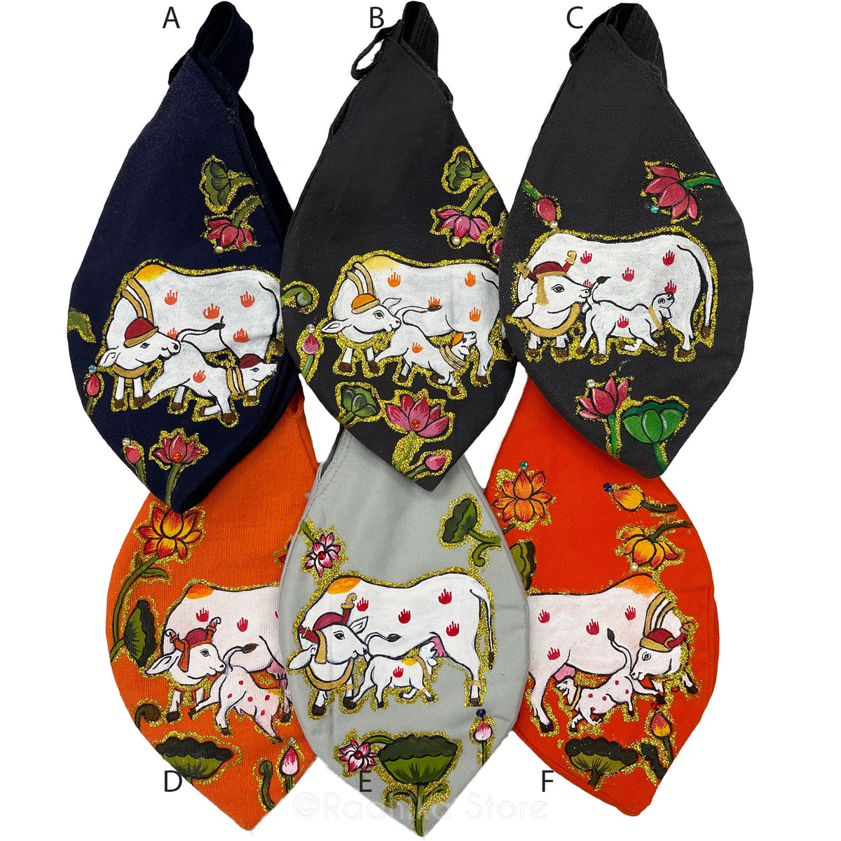 Sparkling Auspicious Surabhi Cows - Thick Cotton - Hand Painted Bead Bag- Choose Color
