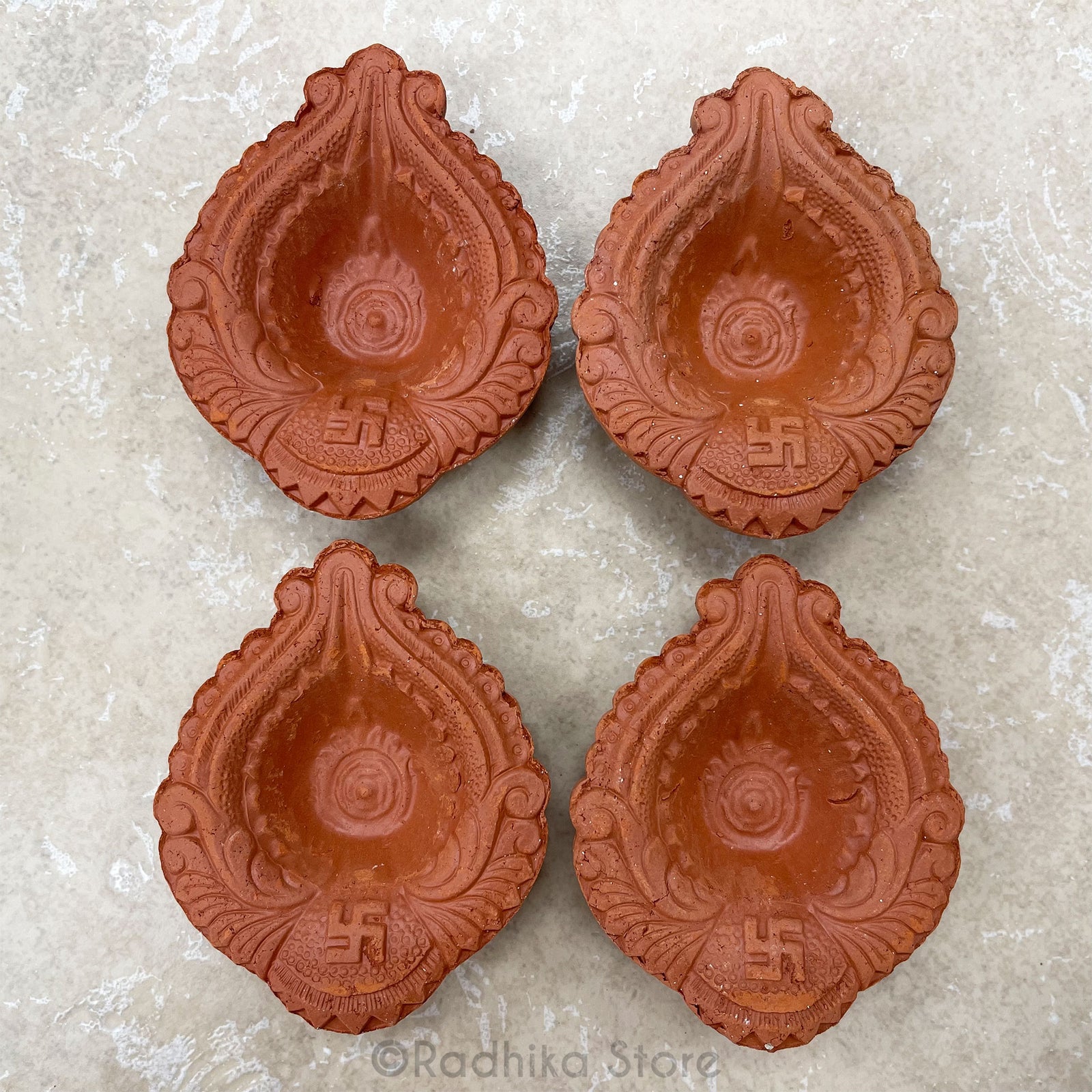 Clay Diya - Auspicious Swastika Design - Diwali Lamp - Set of 4