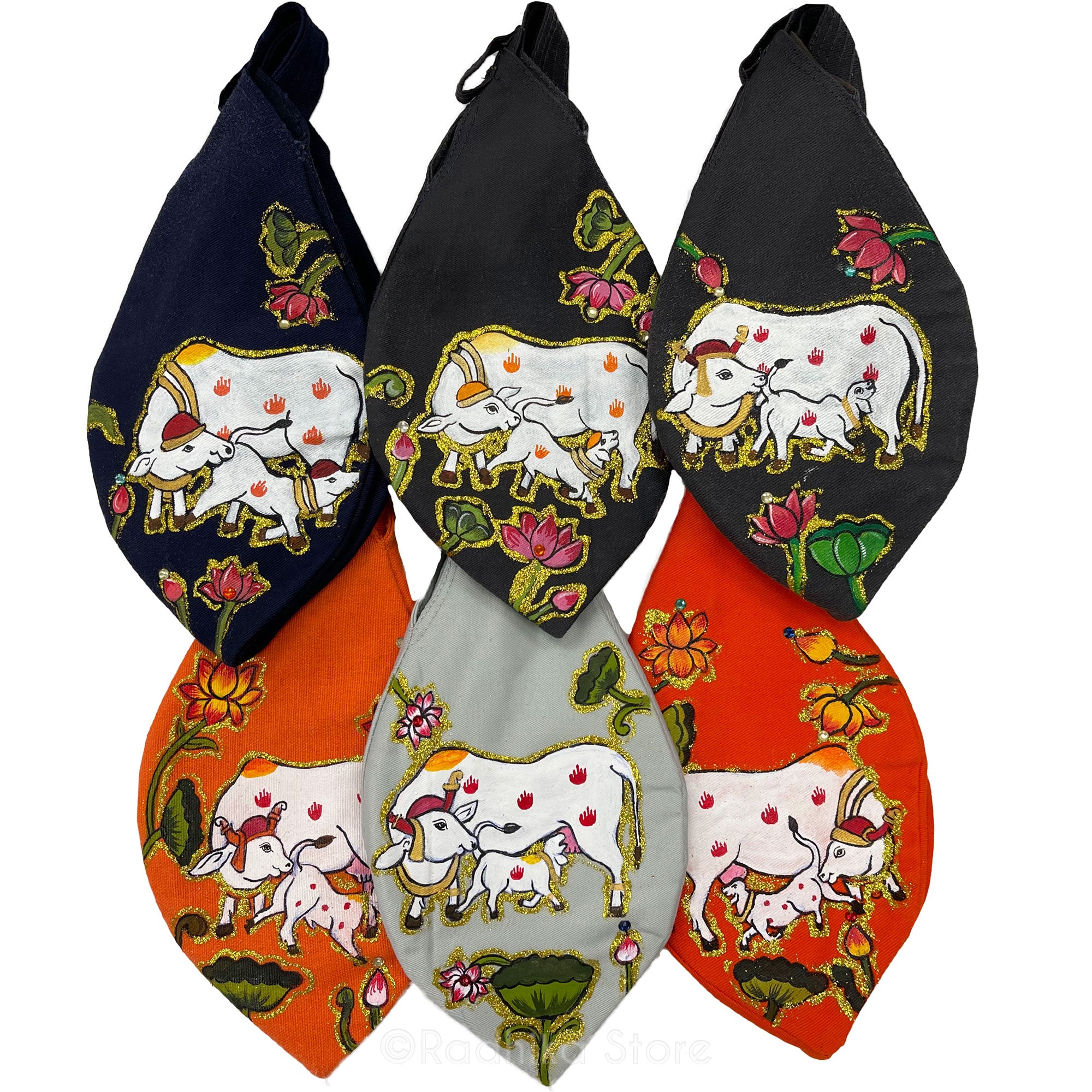 Sparkling Auspicious Surabhi Cows - Thick Cotton - Hand Painted Bead Bag- Choose Color