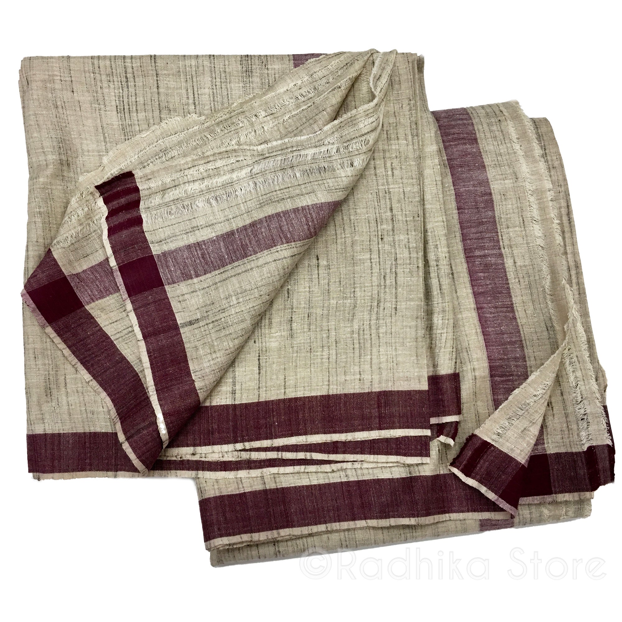 Silk Dhoti and Chadar - Natural Khadi - Beige Tweed With Maroon Stripe