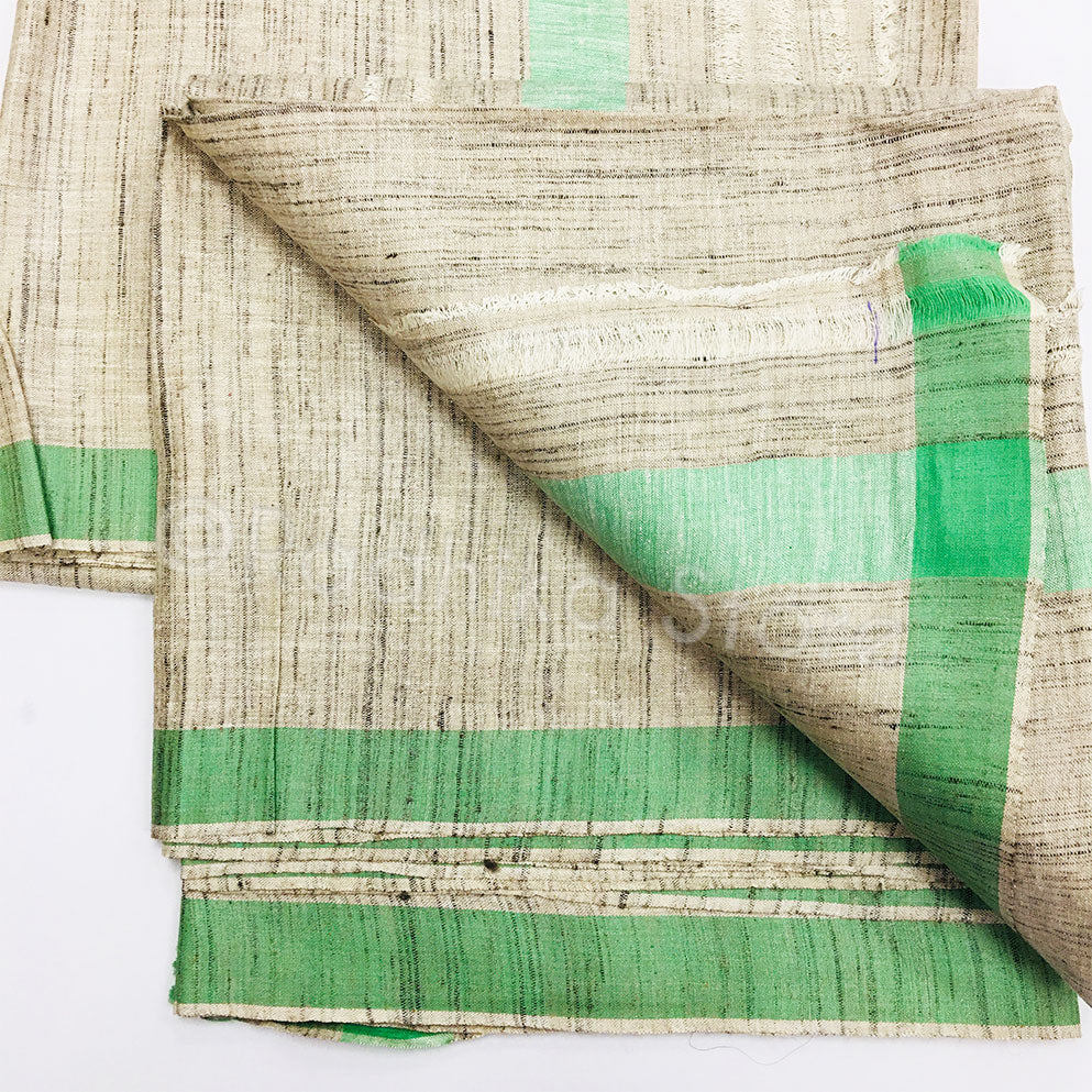 Raw Silk Dhoti and Chadar -  Beige Tweed With Sea Green Stripe