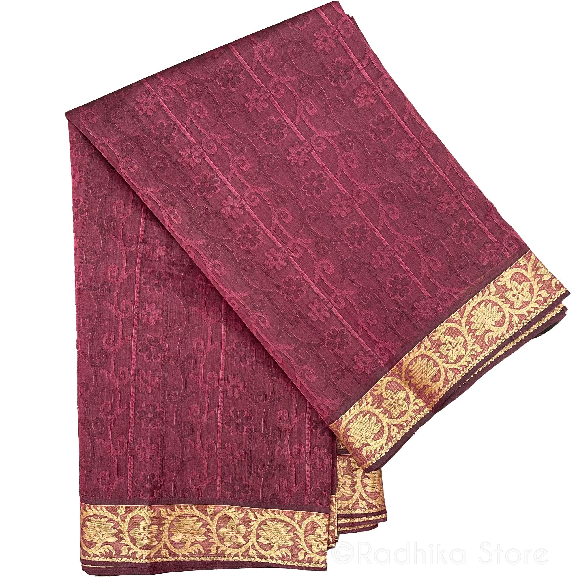 Burgundy Vrindavan Flower -  Cotton Saree