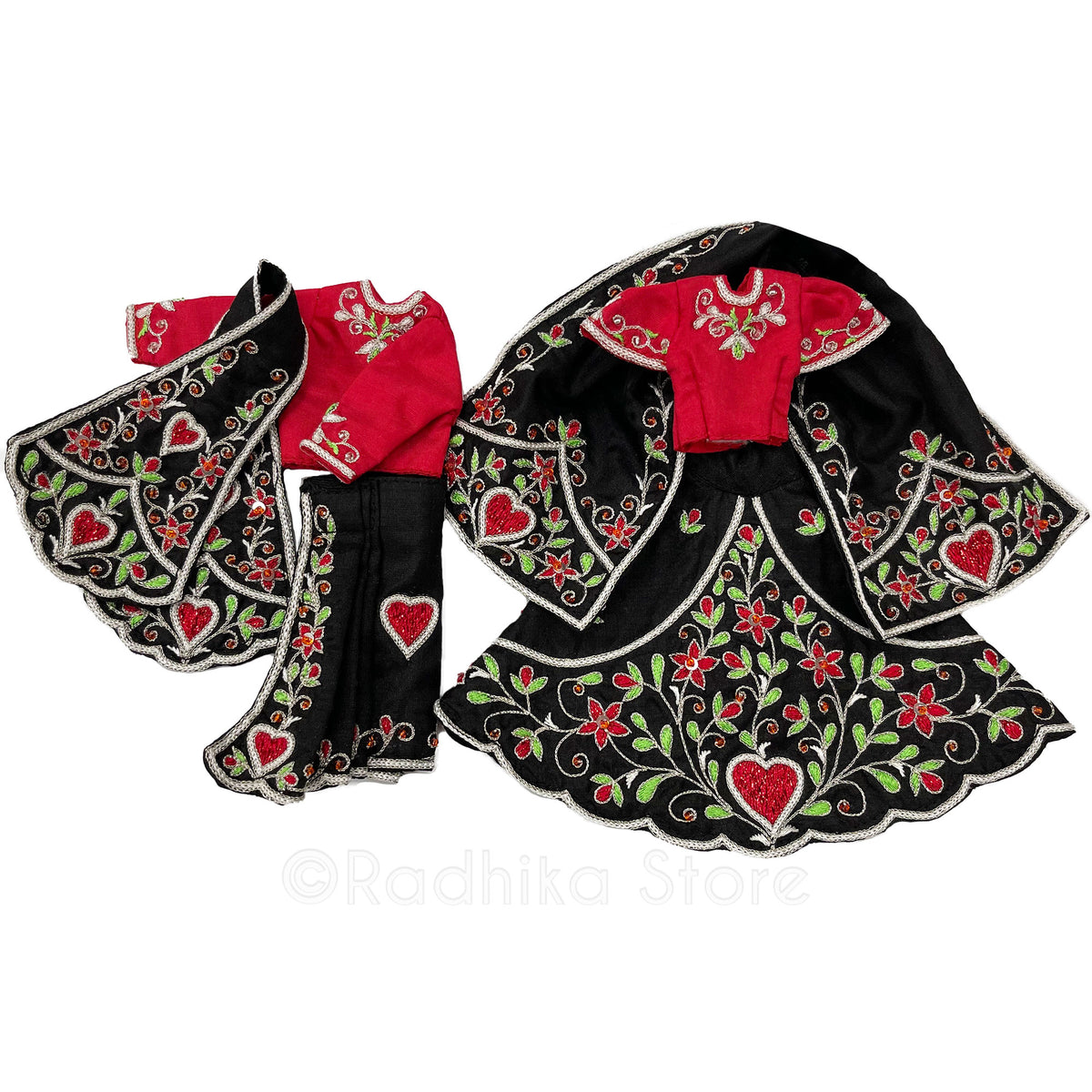 Bhakti Lata Bija - All Silk - Black with Red Choli and Kurta - Radha Krishna Deity Outfit