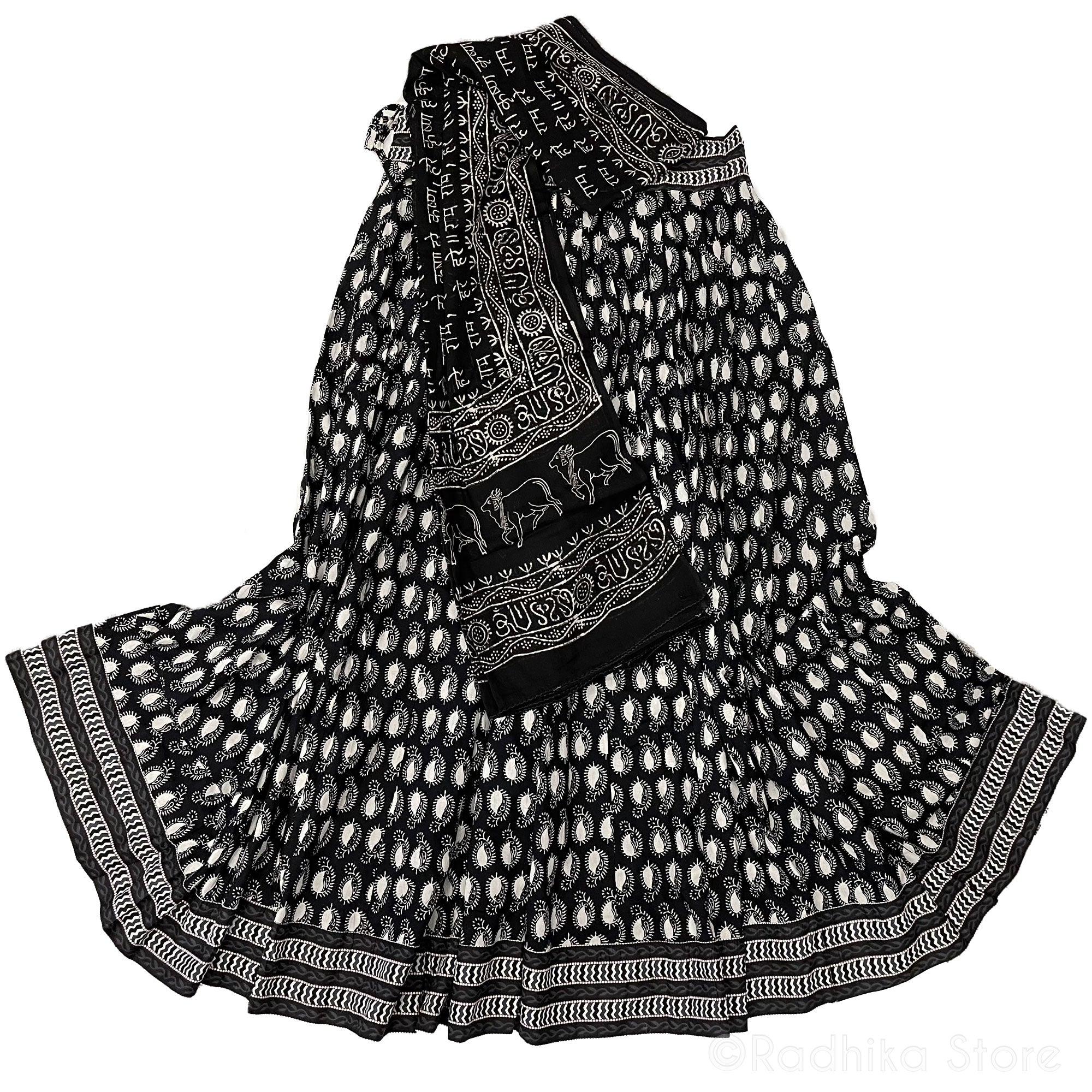 Black With White Chandrikas - Gopi Skirt - Cotton Screen Print Fabric - With Mantra Chadar