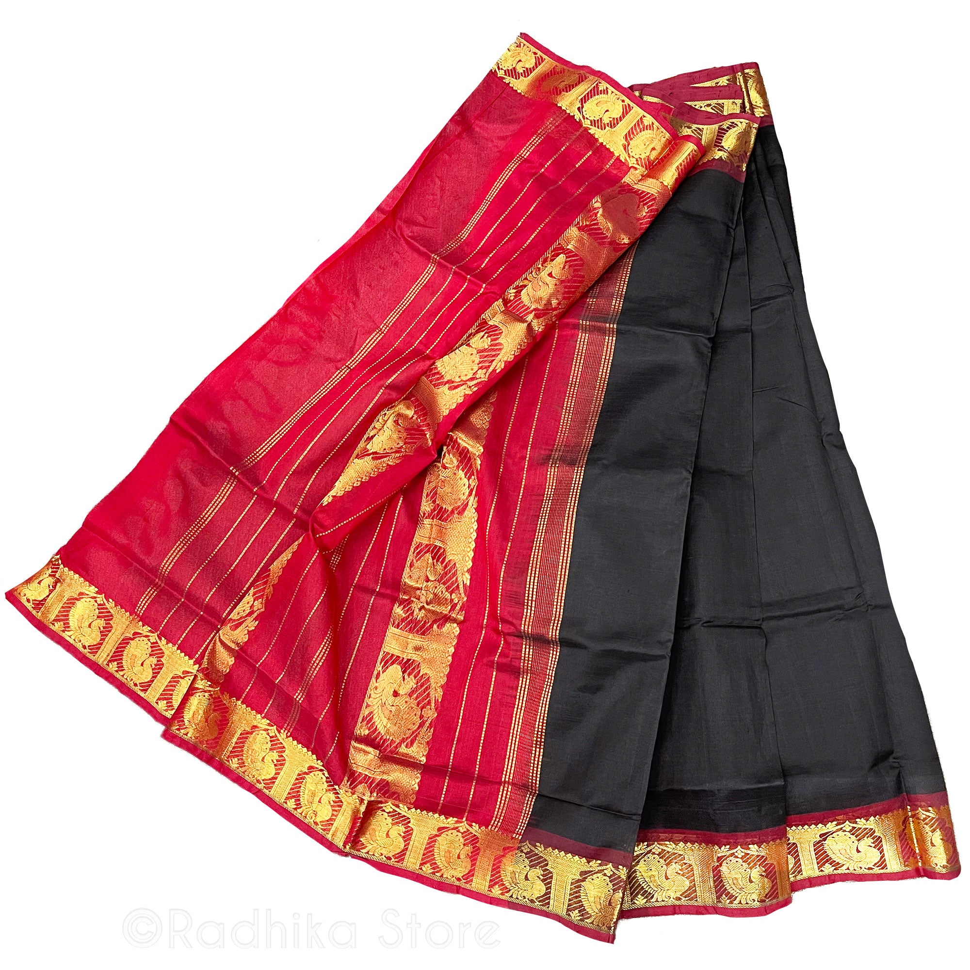 Black and Red With Golden Temple Peacocks - Silk Saree