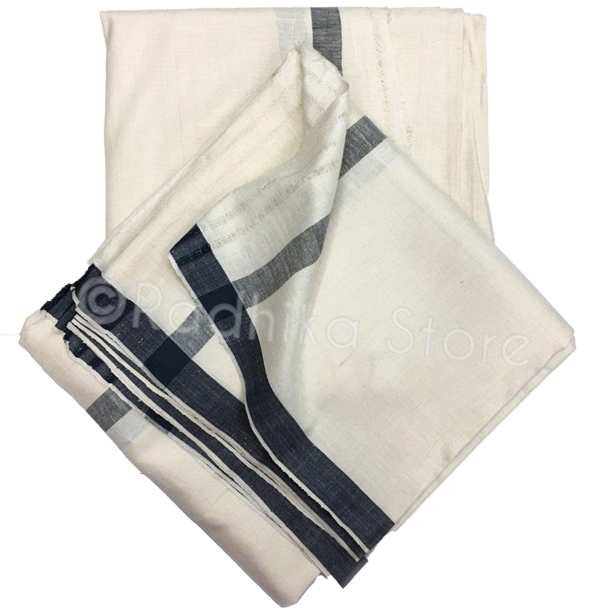 Raw Silk Dhoti and Chadar -  Cream With Black Stripe