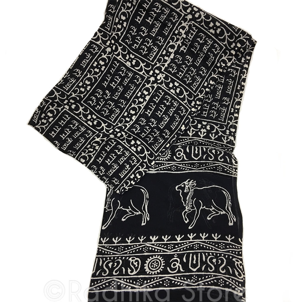 Black and Cream -  Maha Mantra Chadar - With Vrindavan Cows