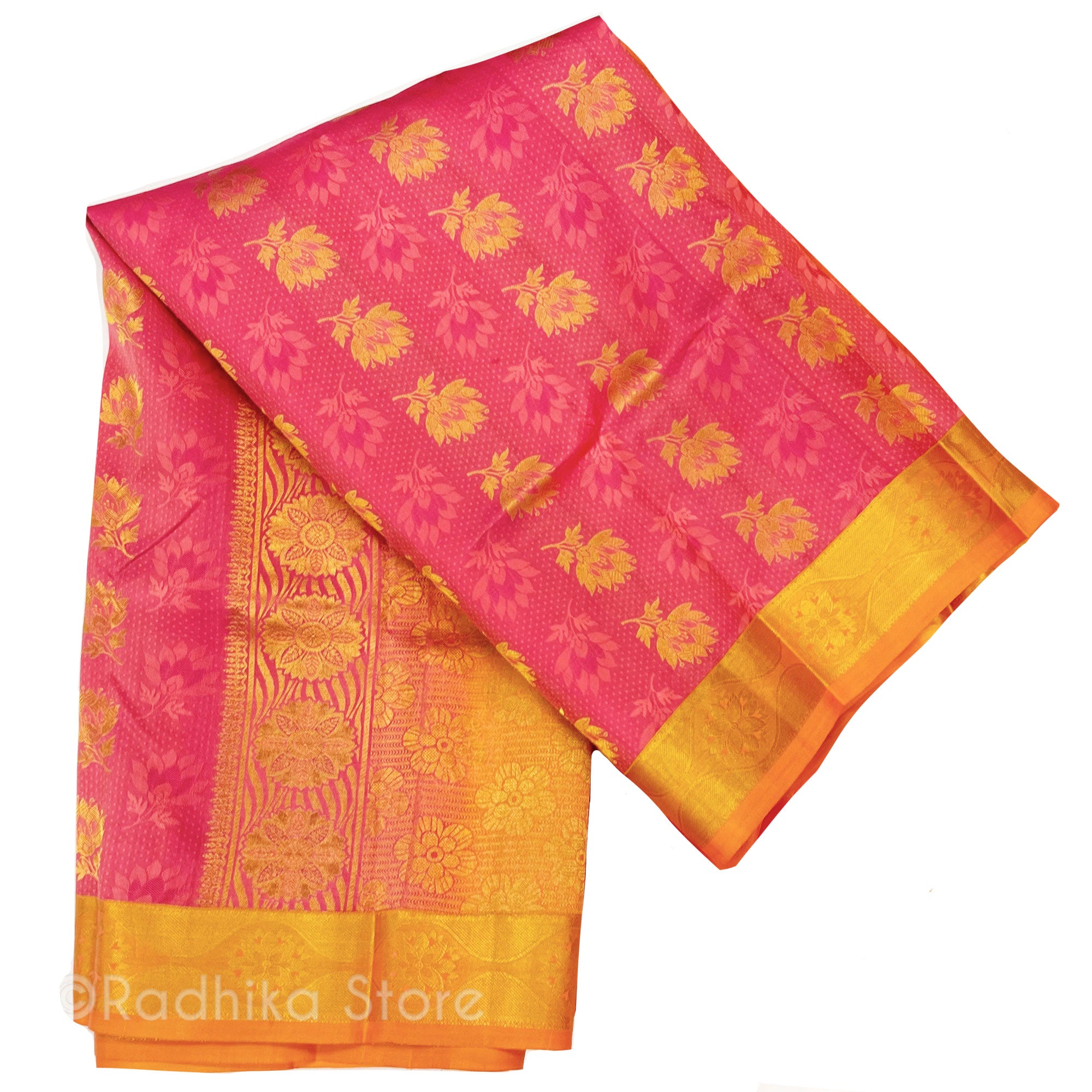 Effulgent Flowers - Beautiful Pink and Gold -  High Quality Silk Saree