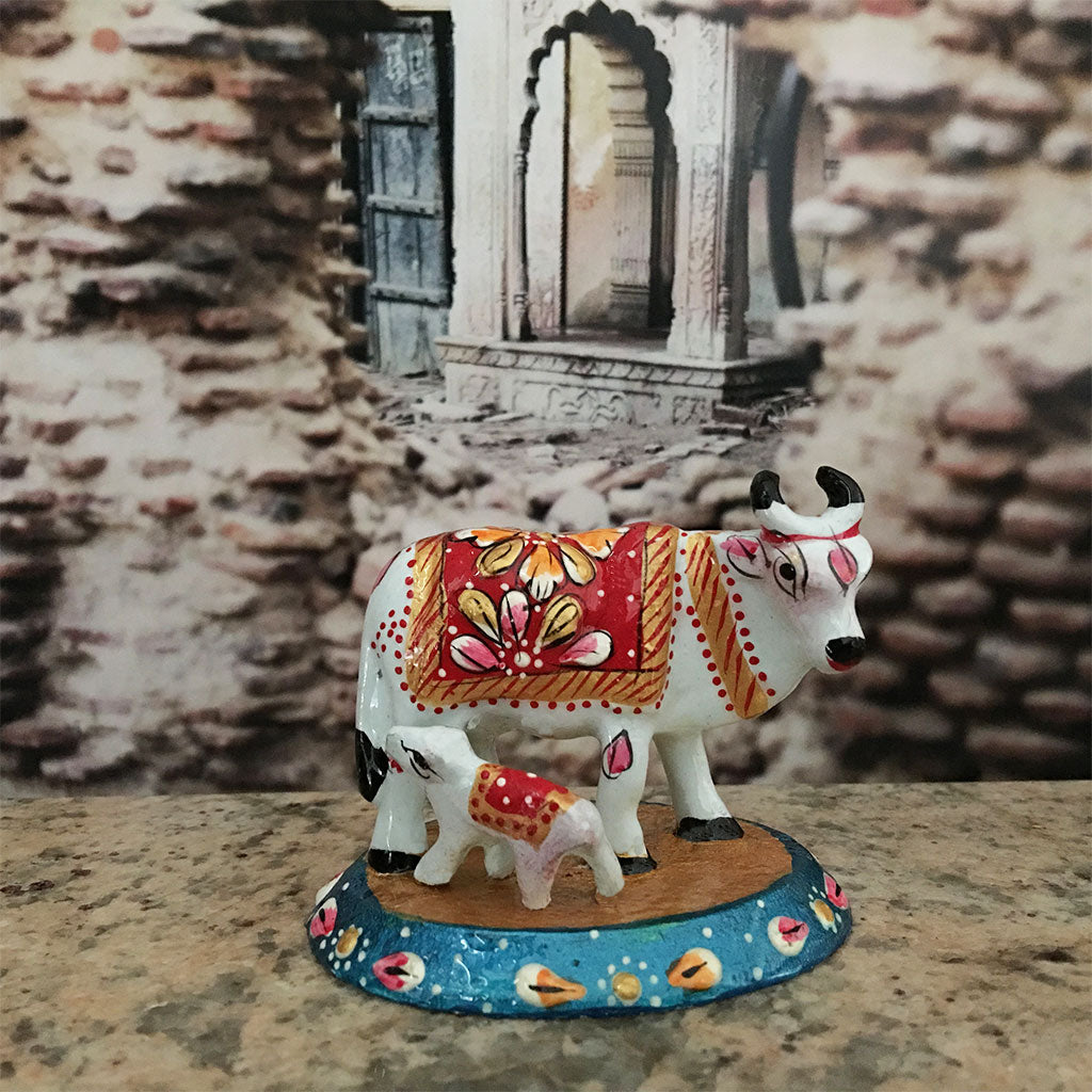 Little Ceramic Surabhi Altar Cow With Calf - Choose Color-  2 1/4" Inches