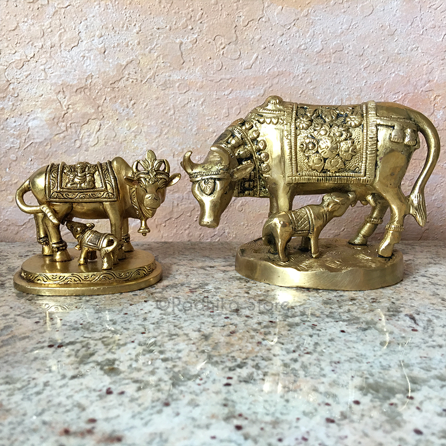 Brass Cow and Calf With Flower Blanket - 4&quot; Inch