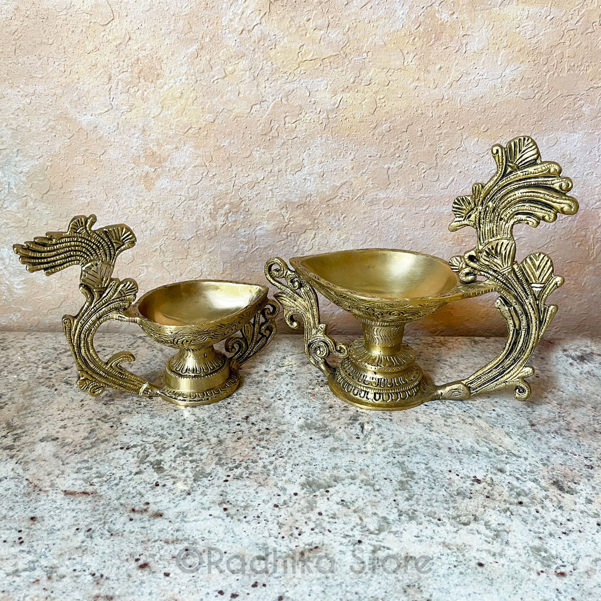 Flaming Peacock Feather Design - Brass Ghee Lamp - Large Bowl - Choose (Diya) -5.5&quot; or 7.5 Inches Tall