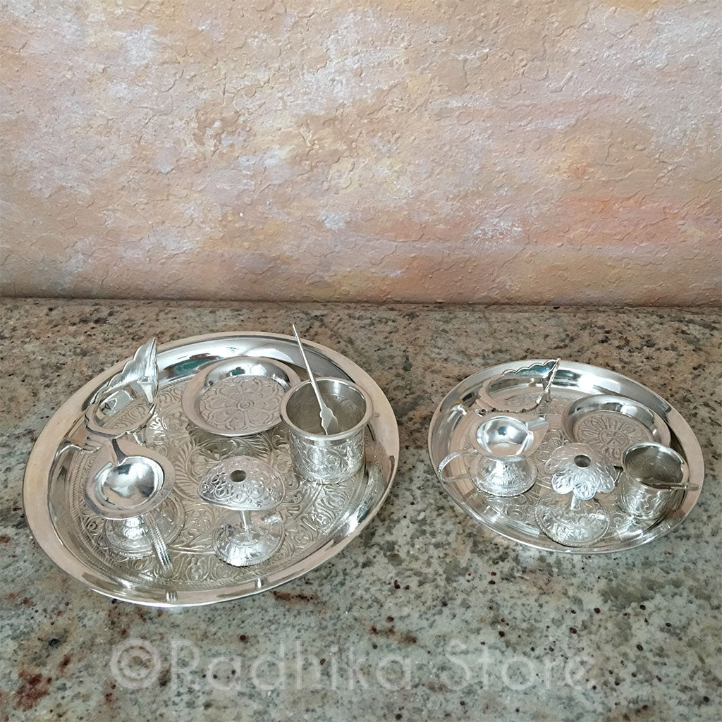 Exquisite Silver Arati Tray Complete Set - 5" Inch Mini Set