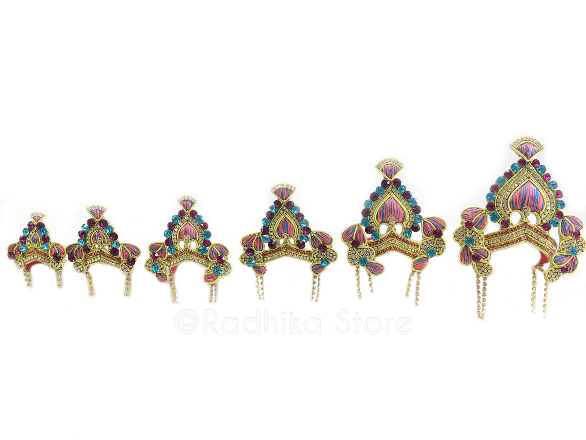 Braja - Deity Crown and Necklace Set -With Earrings - Peach-Teal and Fuchsia