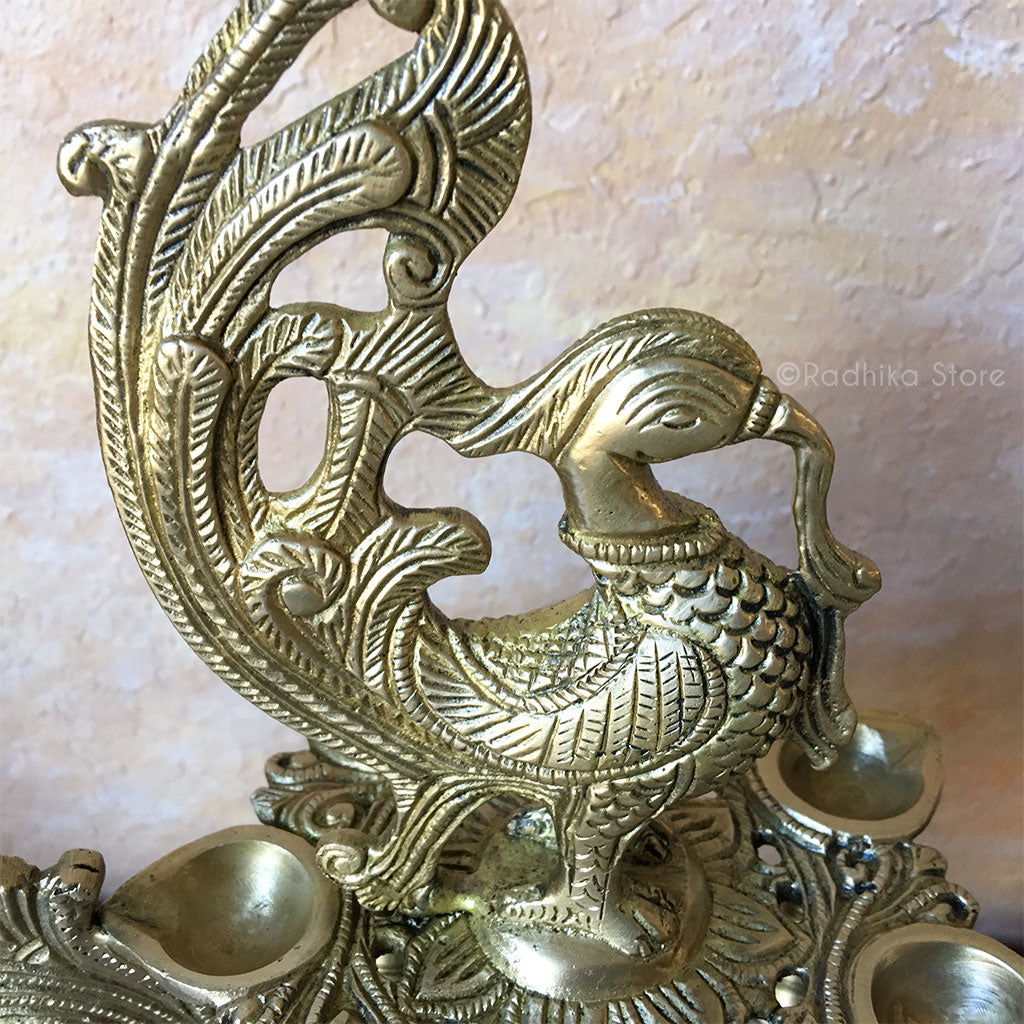 Brass Vrindavan Peacock Ghee Lamp With 7 Prongs and Bells - (Diya) - 12.5&quot; Inch