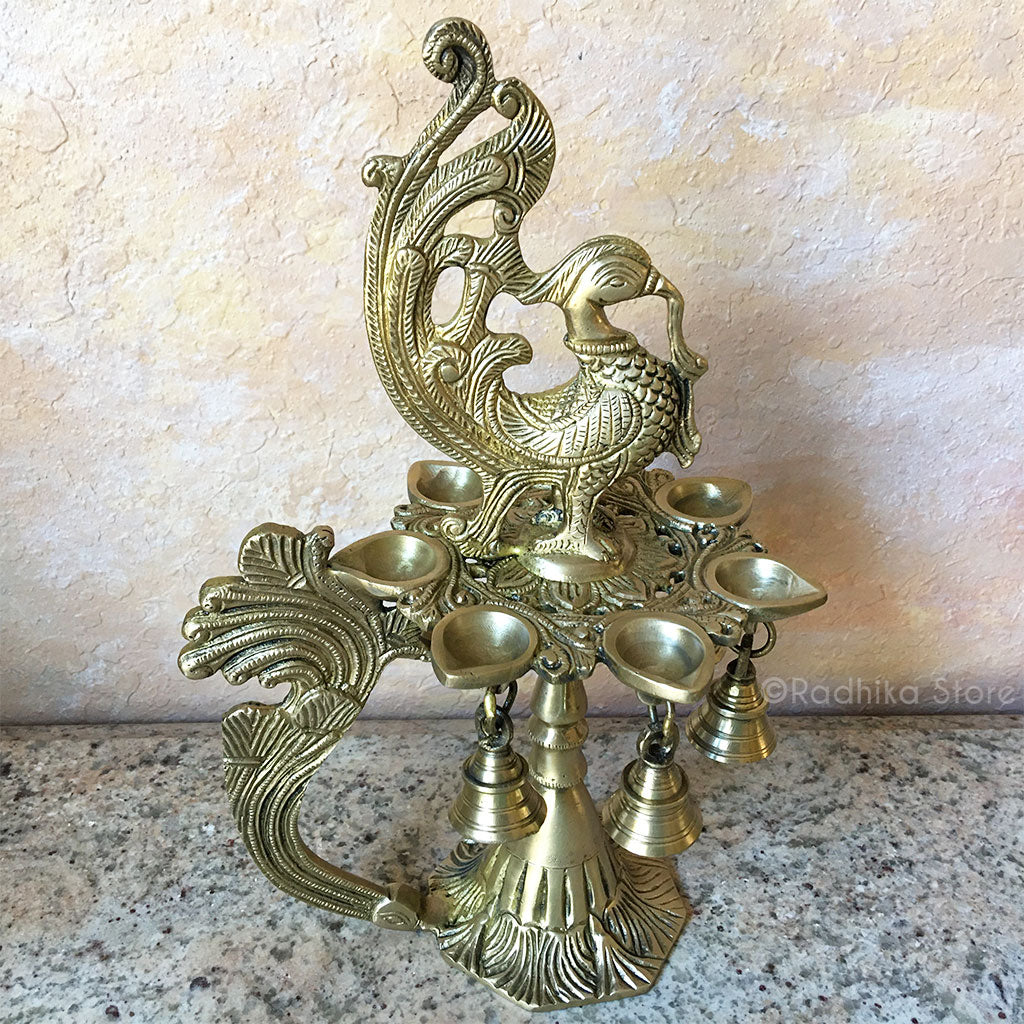Brass Vrindavan Peacock Ghee Lamp With 7 Prongs and Bells - (Diya) - 12.5&quot; Inch