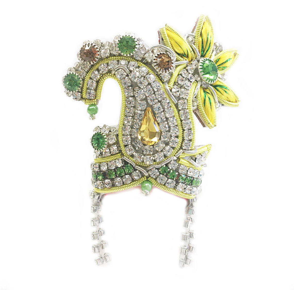 Sparkling Paisley Palm - Deity Crown Necklace Set - Yellow and Green