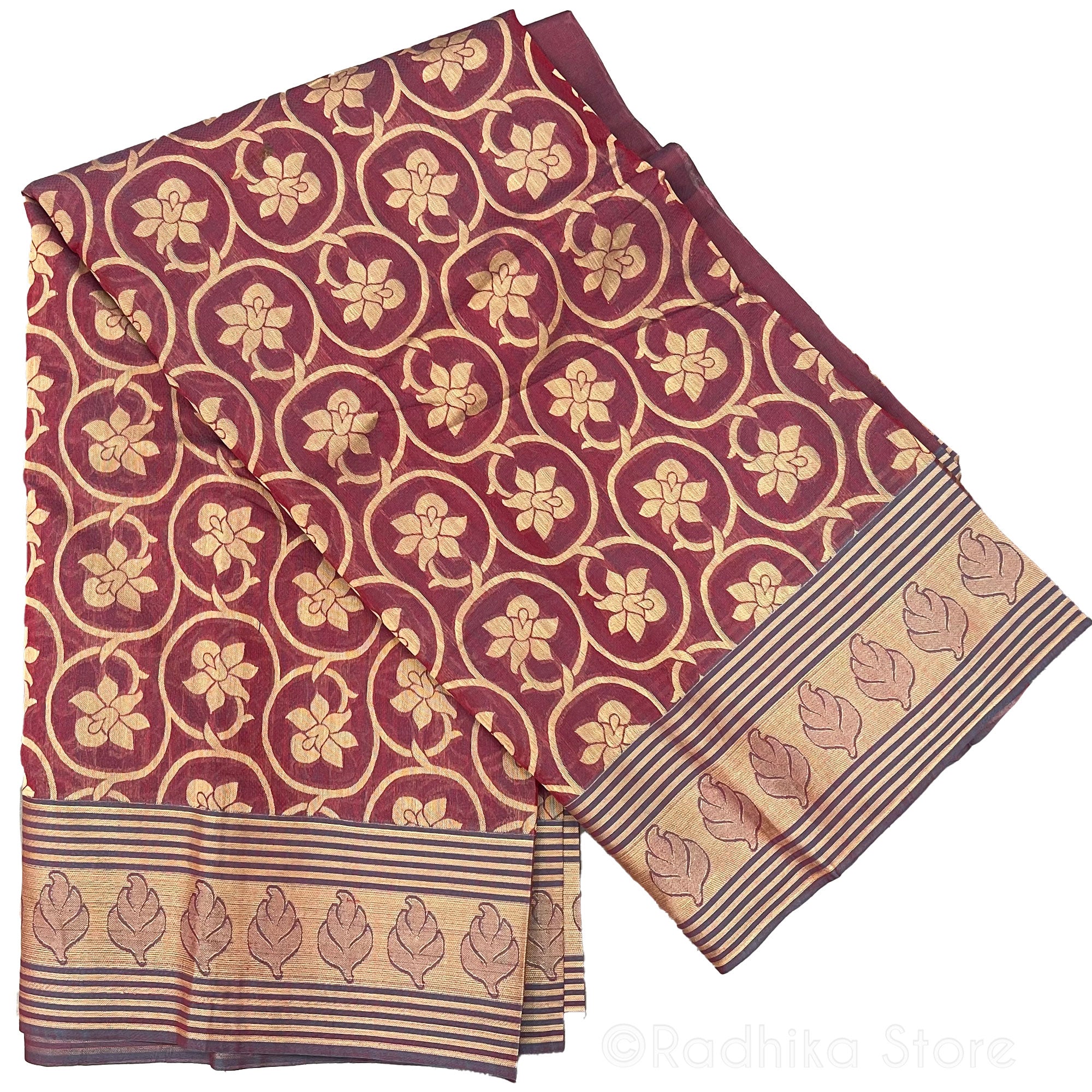 Orchid Vines - Burgundy And  Golden Sand Color With Soft Blue Boarder - Cotton Silk Saree