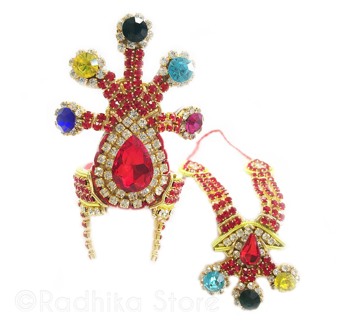 Cosmic Krishna - Red Multi Color - Deity Crown and Necklace Set