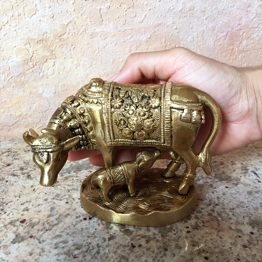 Brass Cow and Calf With Flower Blanket - 4&quot; Inch