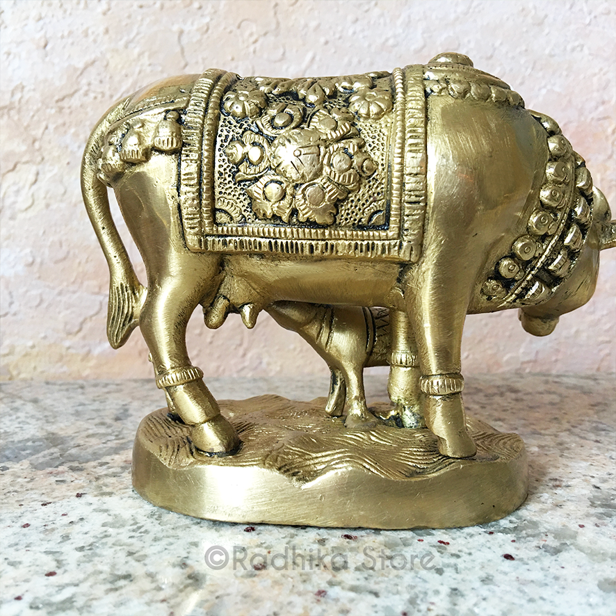 Brass Cow and Calf With Flower Blanket - 4&quot; Inch