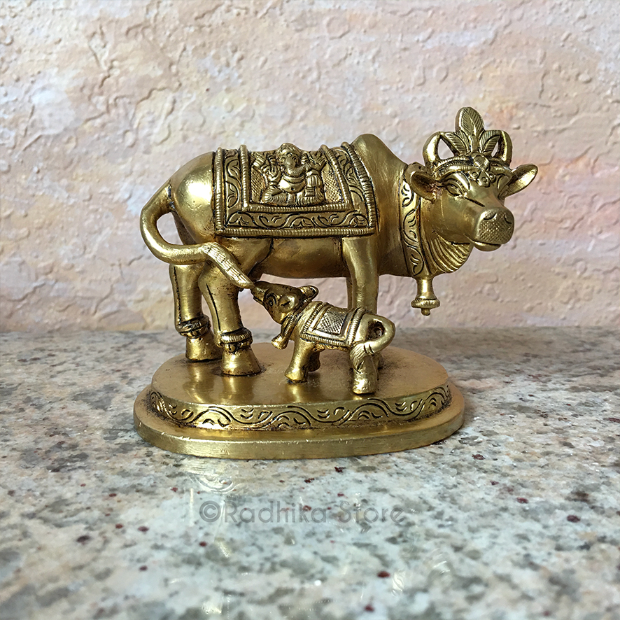 Brass Cow and Calf With Ganesh Blanket - 3&quot; Inch