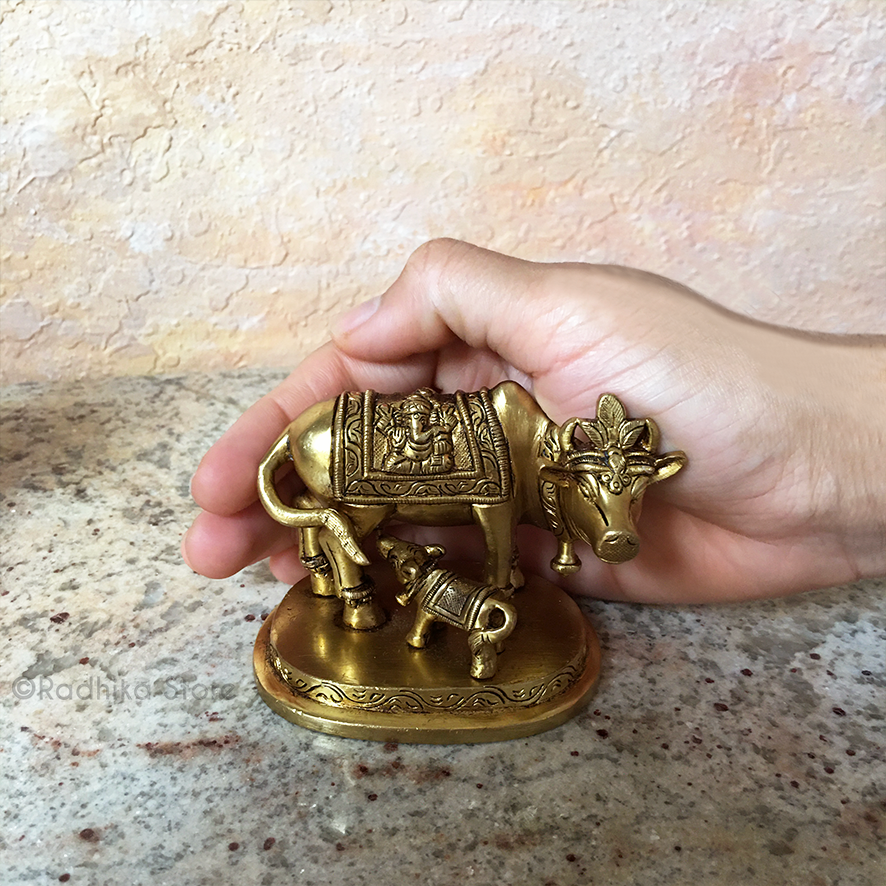 Brass Cow and Calf With Ganesh Blanket - 3&quot; Inch