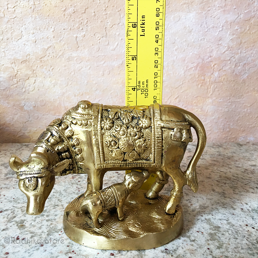 Brass Cow and Calf With Flower Blanket - 4&quot; Inch