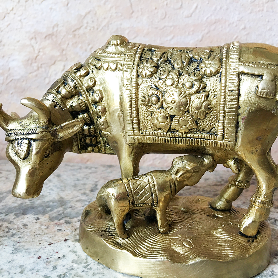 Brass Cow and Calf With Flower Blanket - 4&quot; Inch