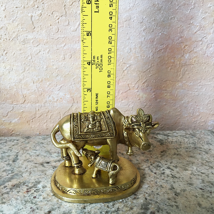 Brass Cow and Calf With Ganesh Blanket - 3&quot; Inch