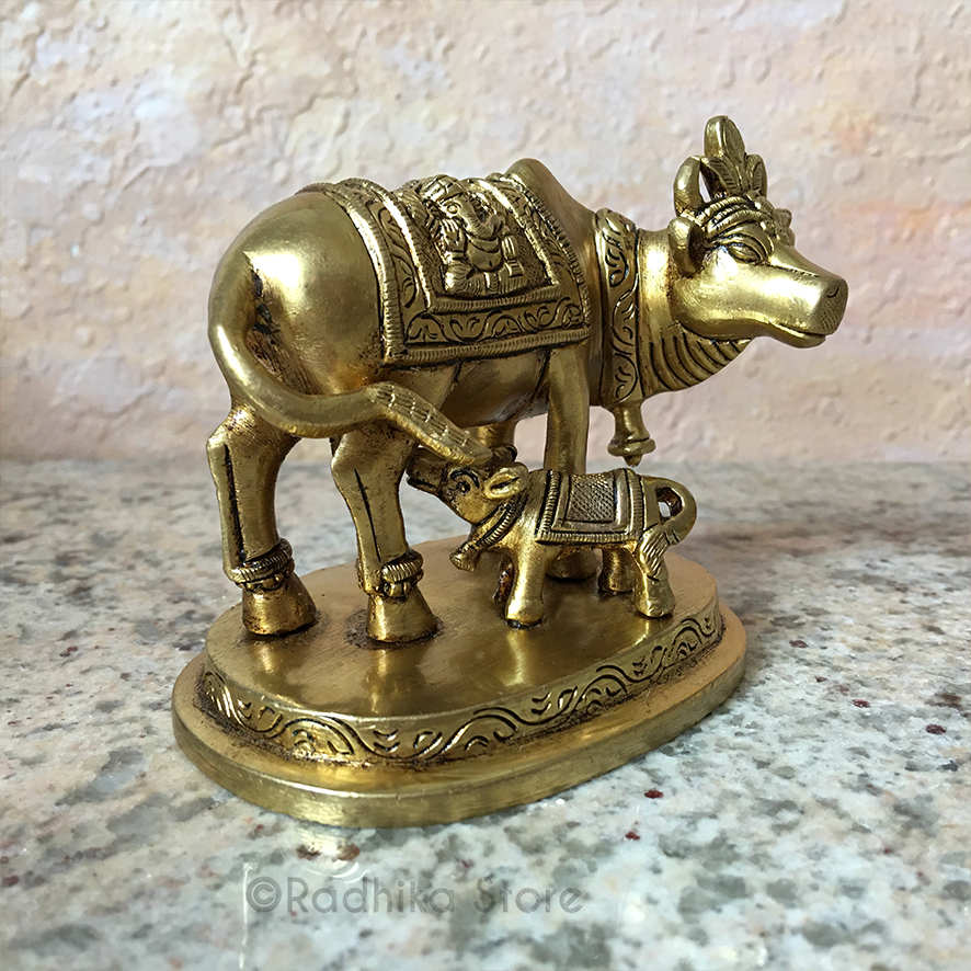 Brass Cow and Calf With Ganesh Blanket - 3&quot; Inch