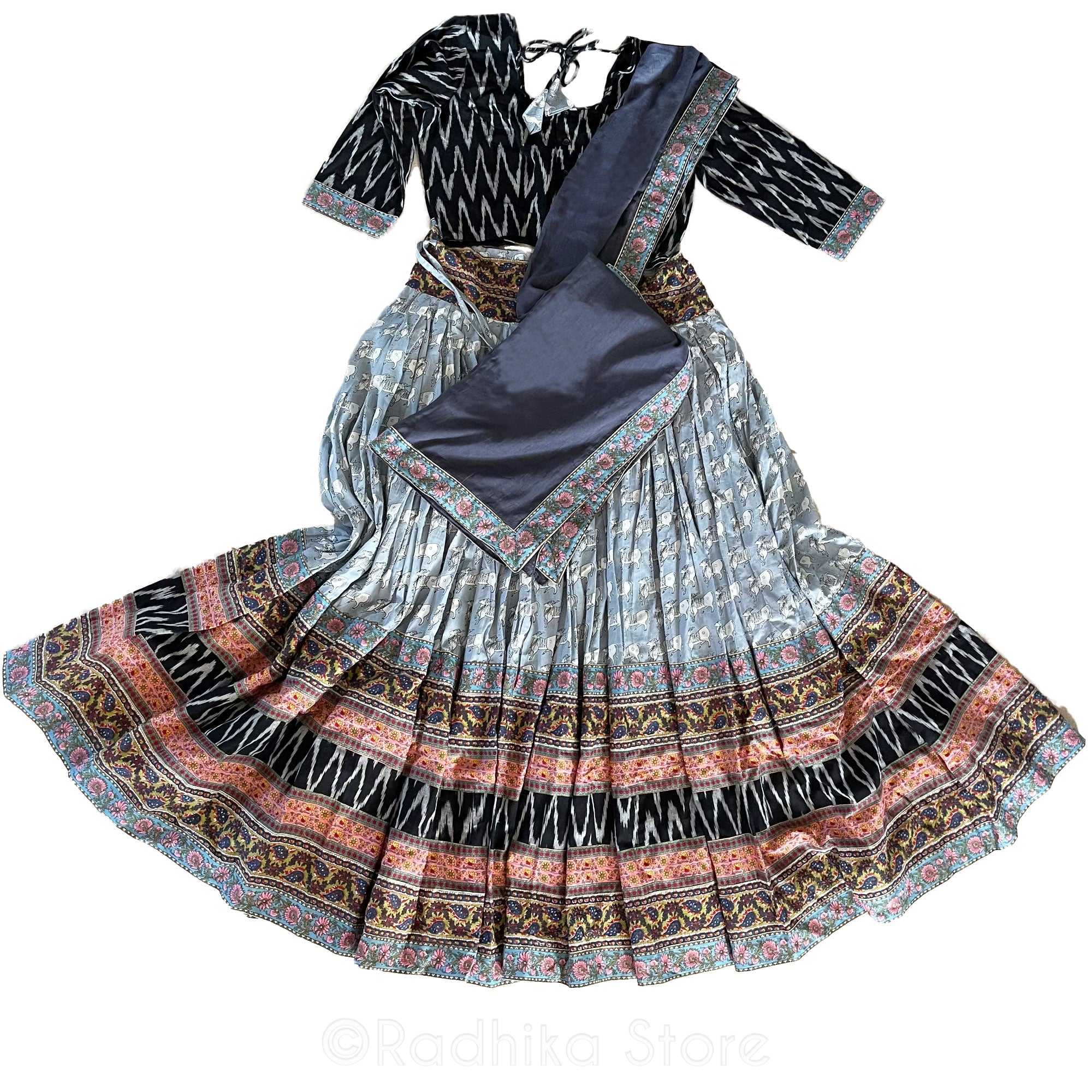 Vrindavan Cowherd Girl-Gray-Gopi SkirtCotton Screen-Print 6 Meter Twirling