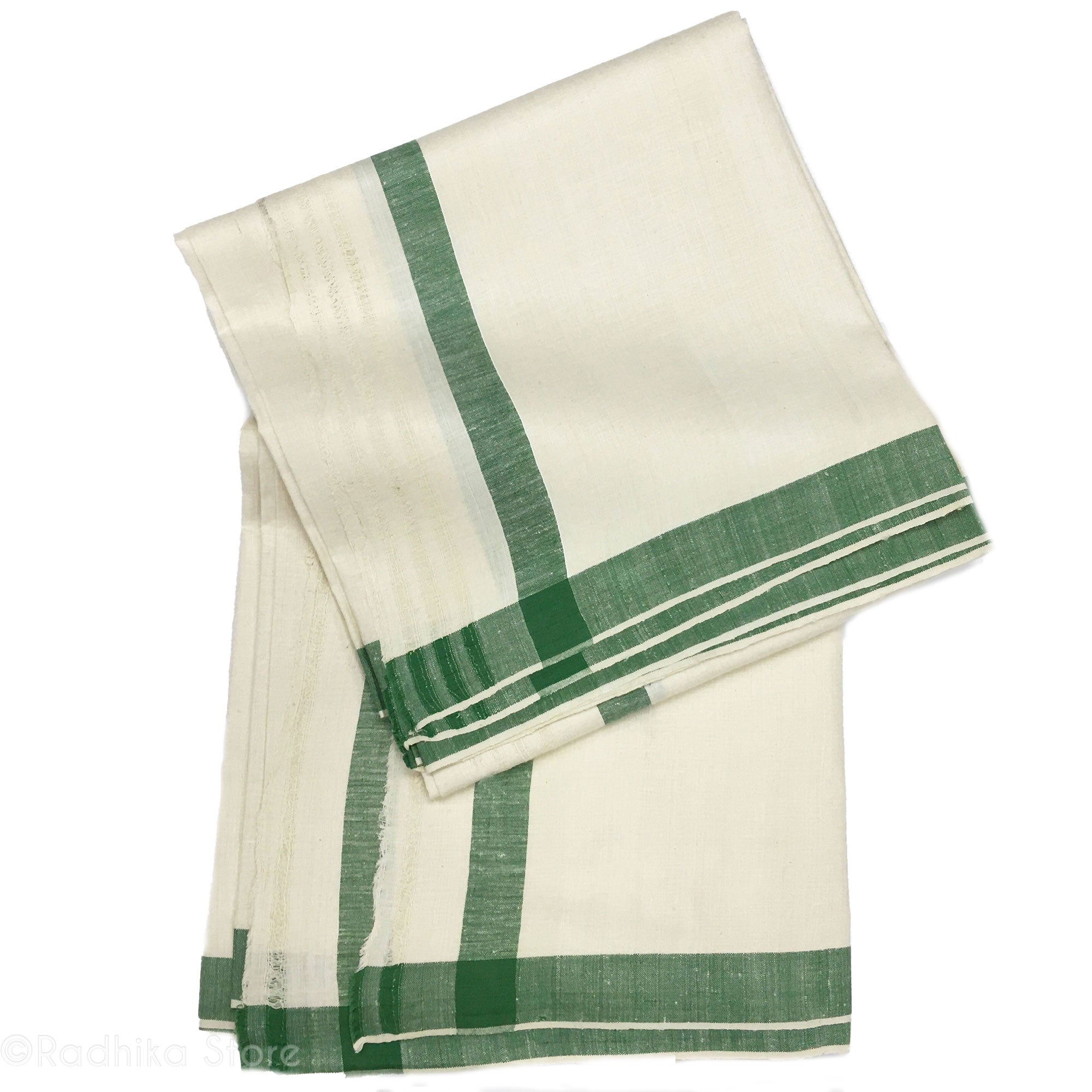 Raw Silk Dhoti and Chadar - Natural Khadi - Cream With Green Stripe