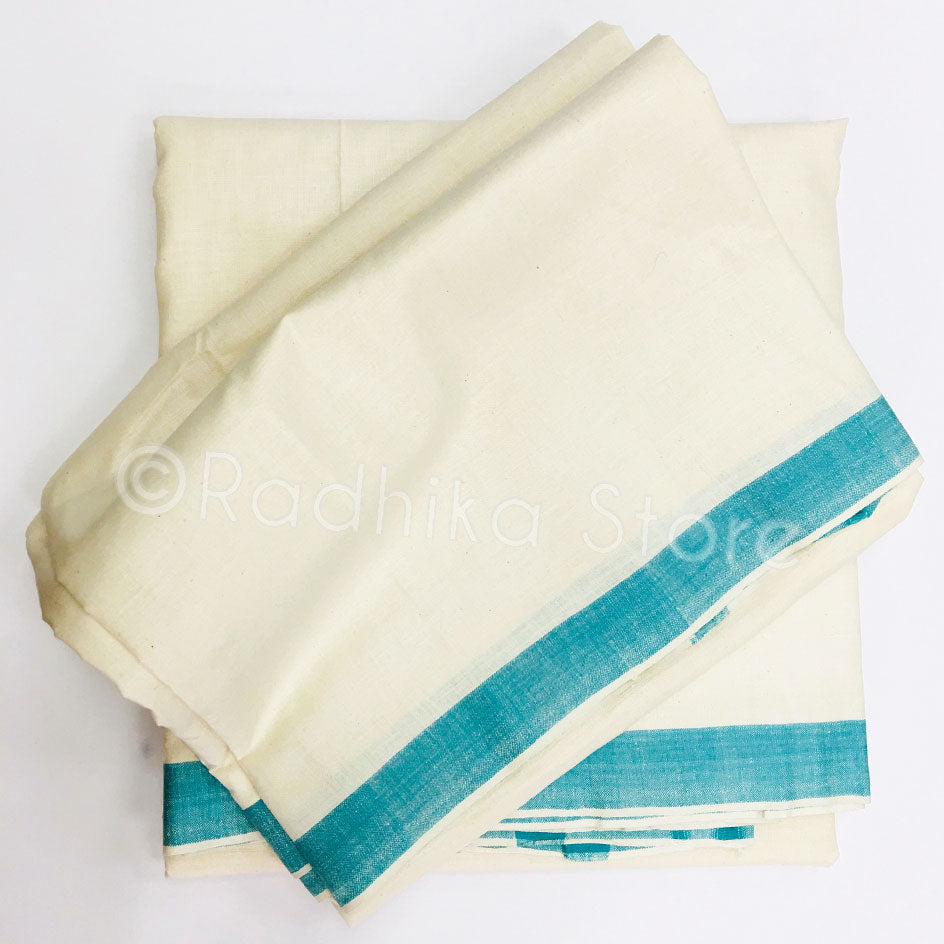 Raw Silk Dhoti and Chadar -  Cream With Teal Blue Stripe