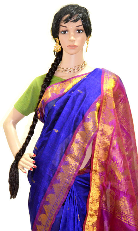 Deep Periwinkle Fuchsia Gold Chandrika - Silk Saree