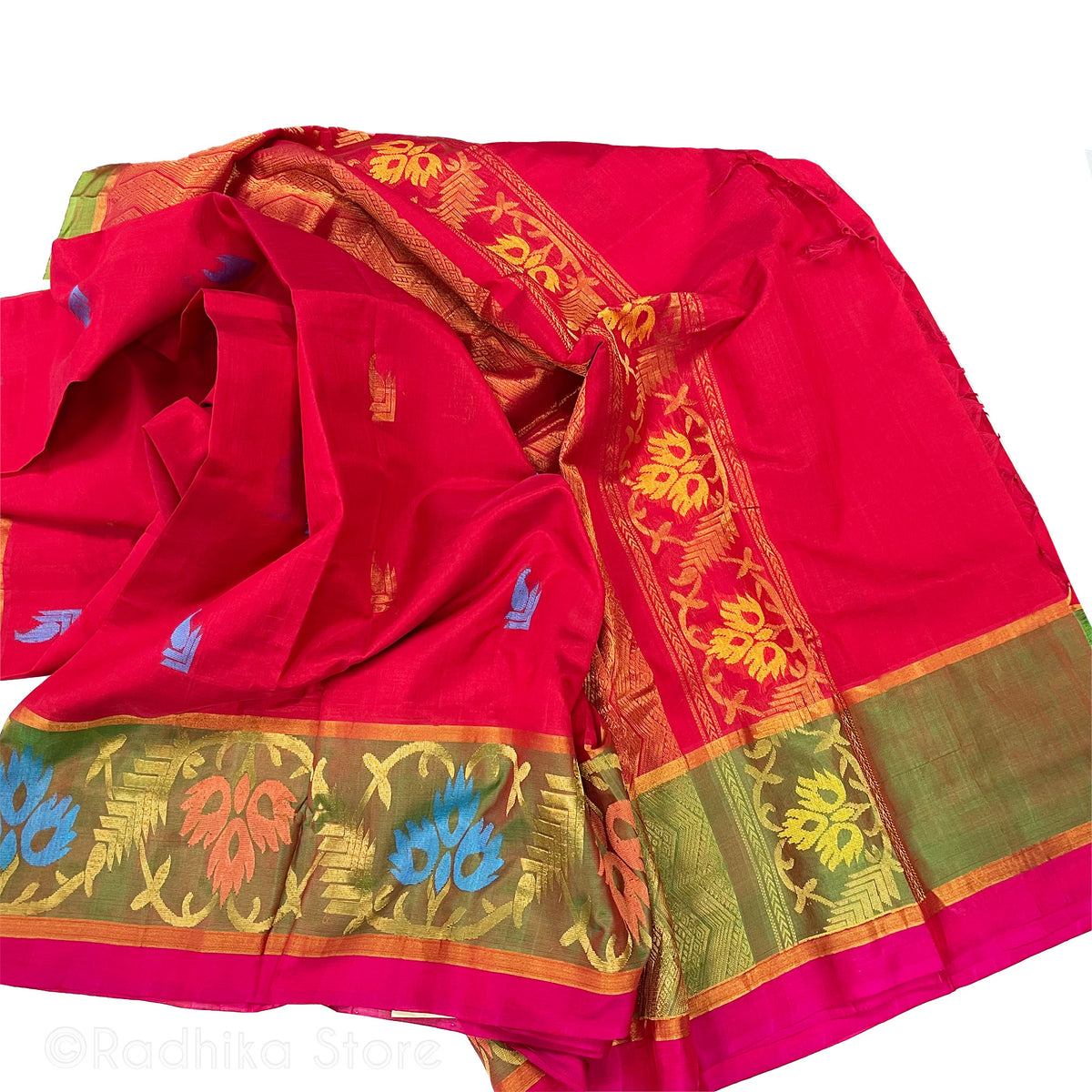 Divine Peacock Plumes - Reds and Greens  - Quality Silk Saree