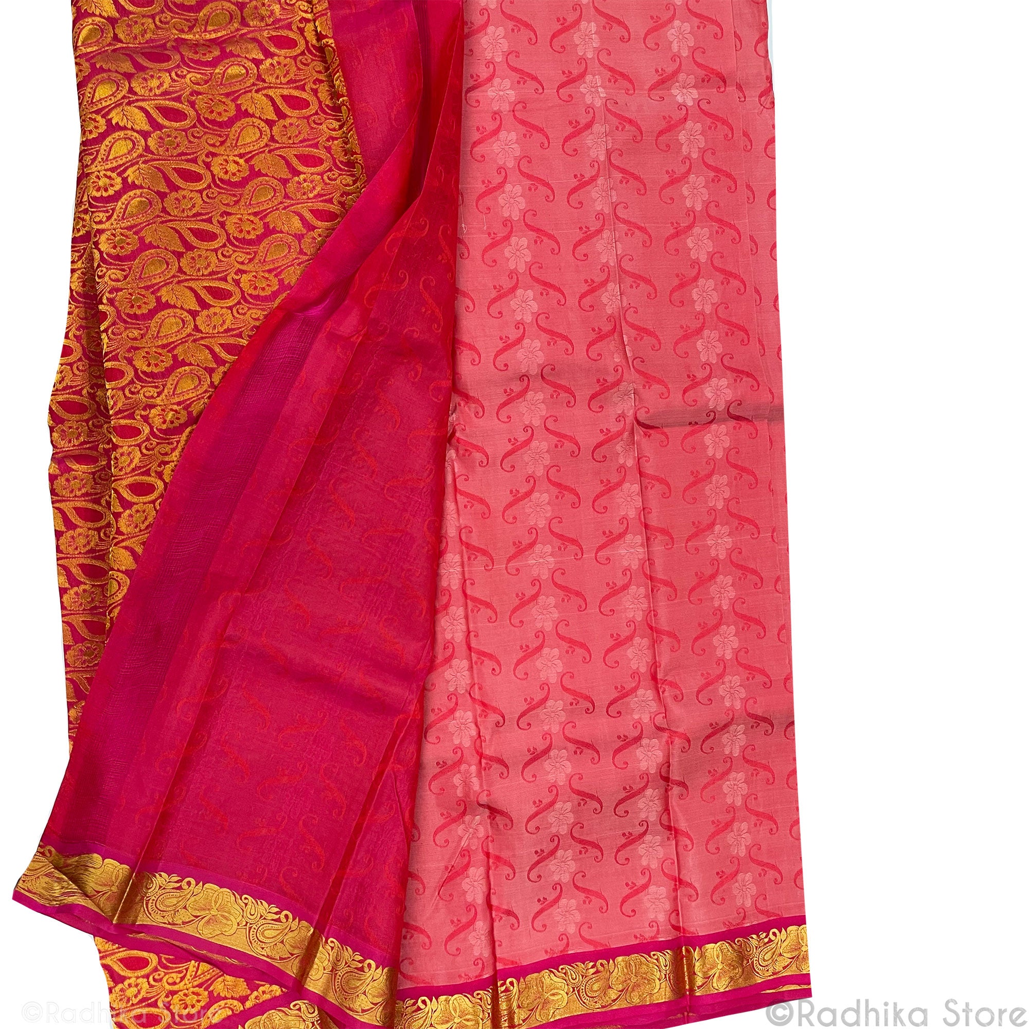 Vrindavan Flowers and Chandrikas Cranberry and Coral Reds - Quality Silk Saree
