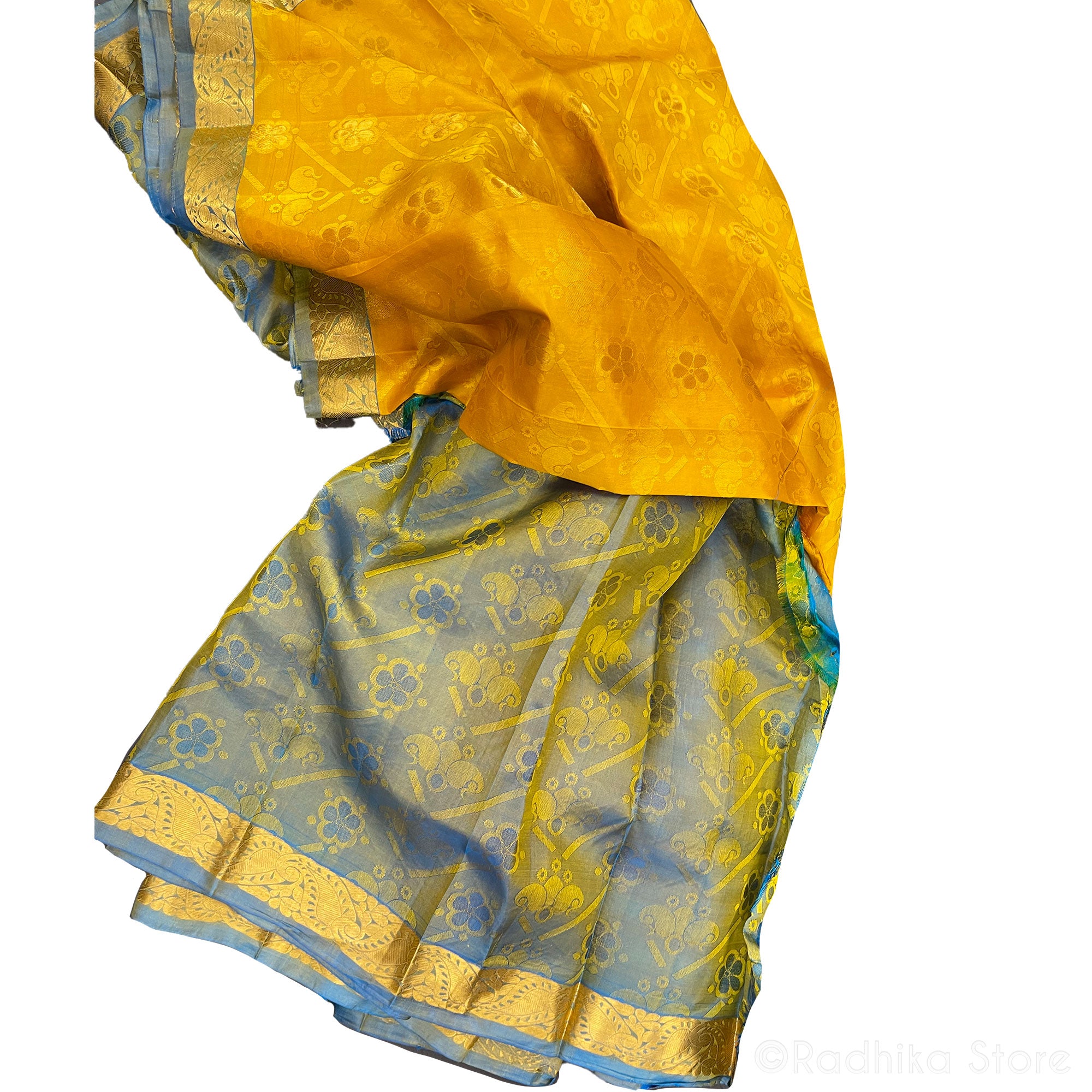 Divine Elegance- Radha Gold Krishna Blue - High Quality Silk Saree