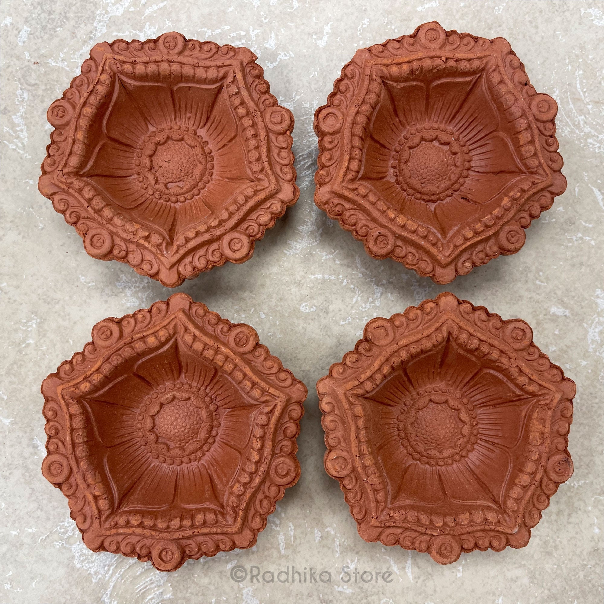 Clay Diya - Flower Ghat Design - Diwali Lamp - Set of 4