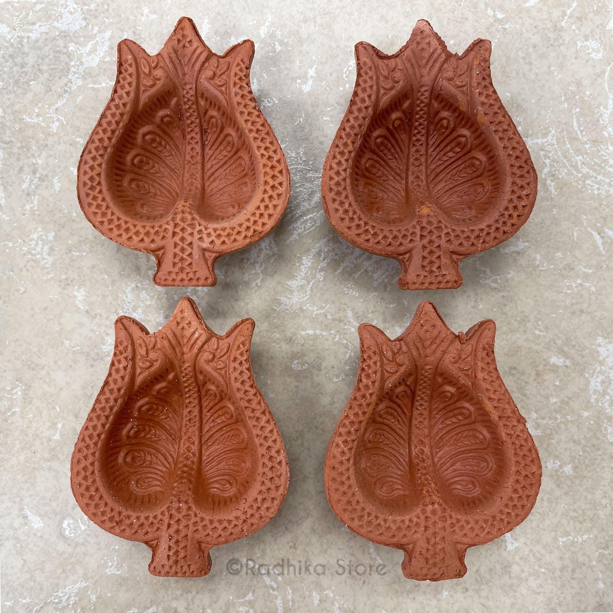 Clay Diya - Three Prong Ananta Design - Diwali Lamp - Set of 4