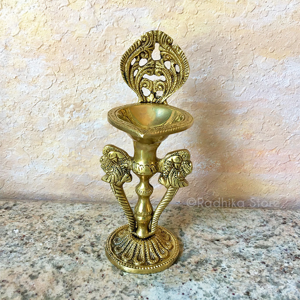 Double Peacock Pedestal- Brass Ghee Lamp - (Diya) -7.5" Inch