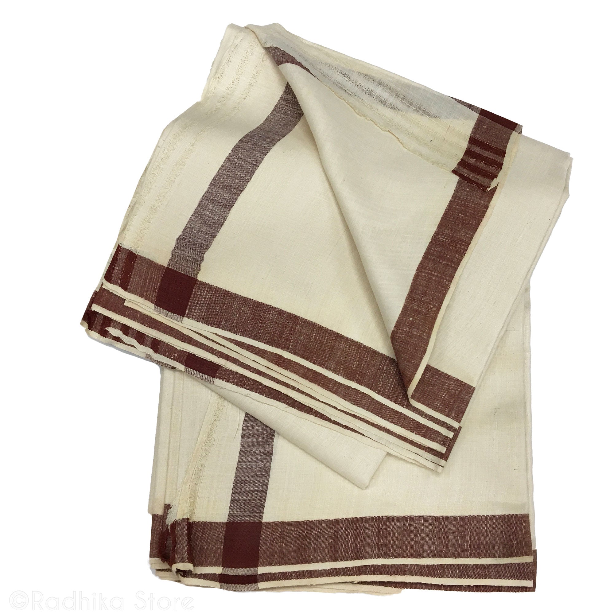 Raw Silk Dhoti and Chadar - Natural Khadi - Cream With Rust Stripe