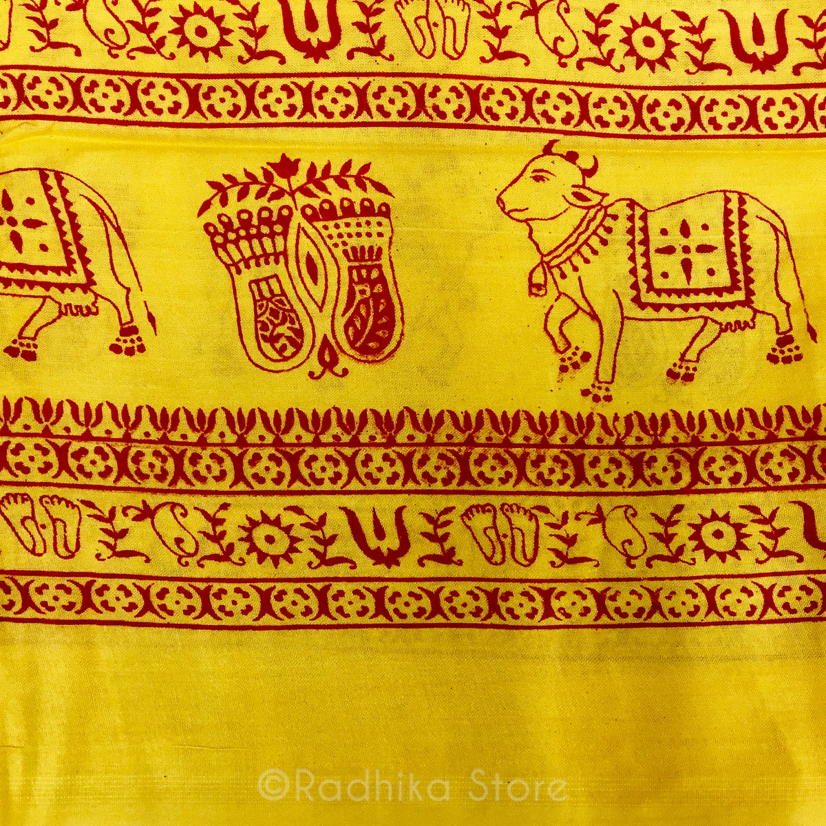 Maha Mantra Chadar With Vrindavan Cows and Lotus Feet -  Sunshine Yellow With Red
