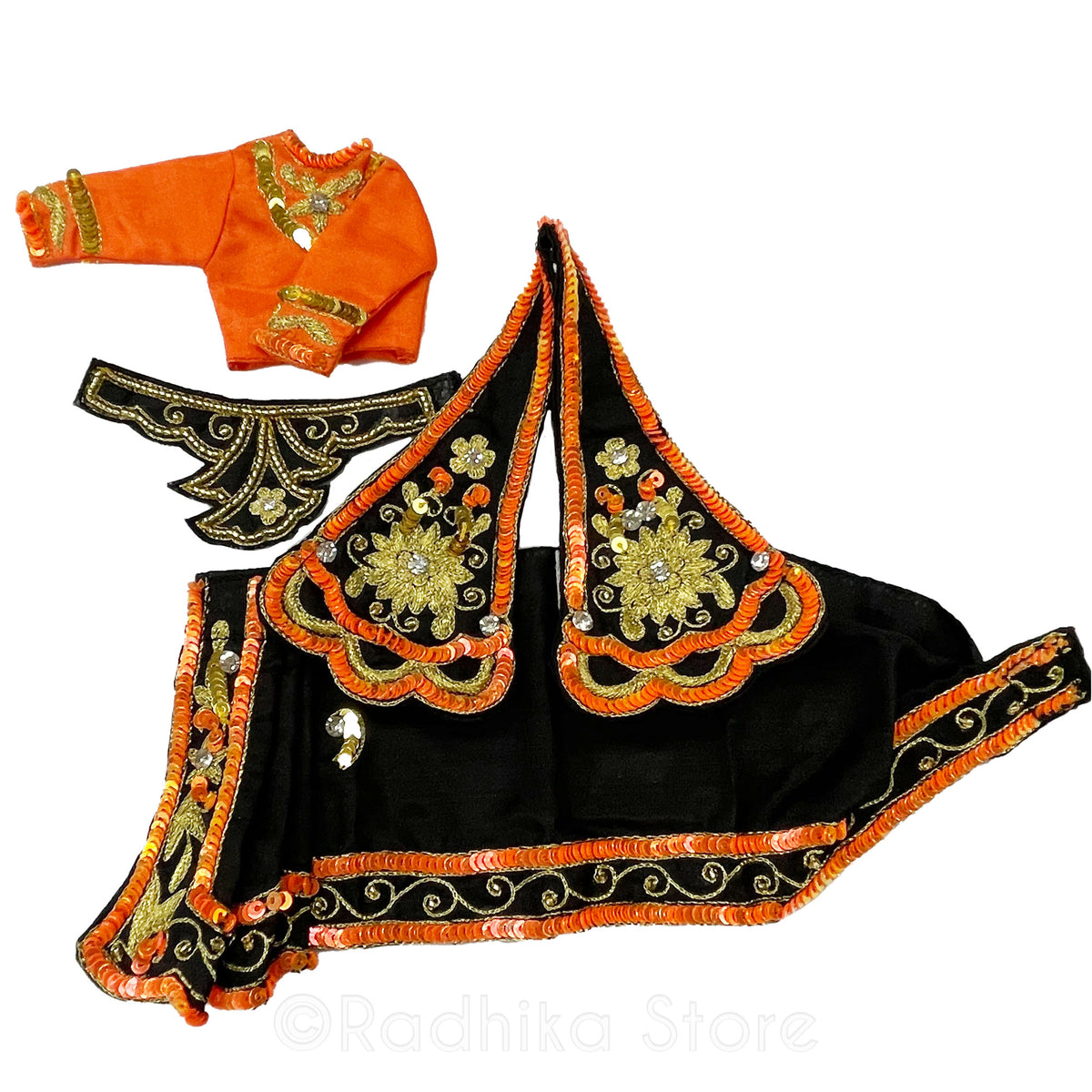 Kartik Dancing Candles - All Silk - Black-Orange-Gold - Radha Krishna Deity Outfit